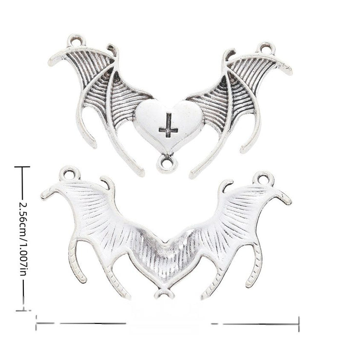 Antique Silver Bat Wing Heart And Inverted Cross Charm