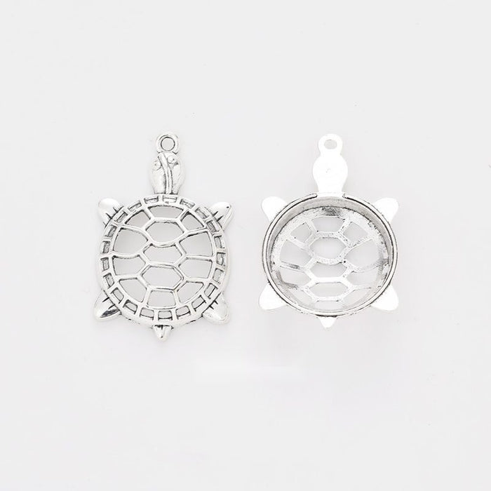 Round Turtle Frame Charm in Antique Silver for Jewelry Making