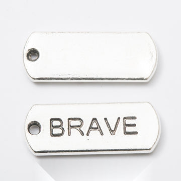 BRAVE Engraved Rectangular Tag Pendant Charm in Antique Silver