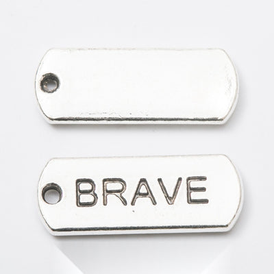 BRAVE Engraved Rectangular Tag Pendant Charm in Antique shown in front and back product view