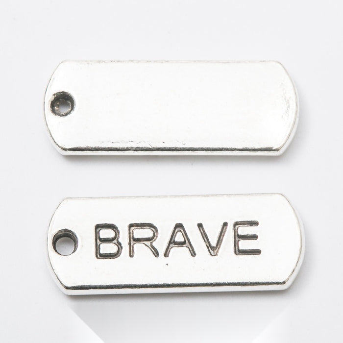 BRAVE Engraved Rectangular Tag Pendant Charm in Antique Silver