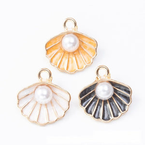 Enamel Scallop Shell Metal Charms With Faux Pearls