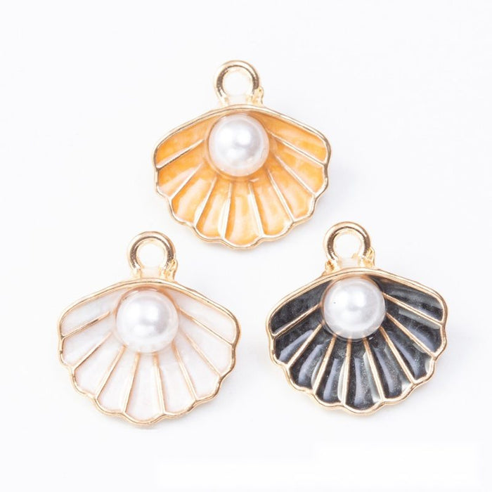 Enamel Scallop Shell Metal Charms With Faux Pearls