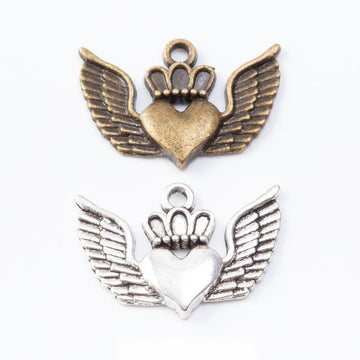 Crowned Heart and Wings Metal Charms in Bronze and Silver