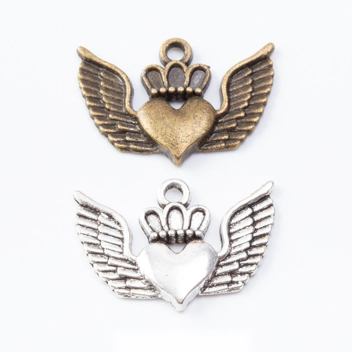 Crowned Heart and Wings Metal Charms in Bronze and Silver