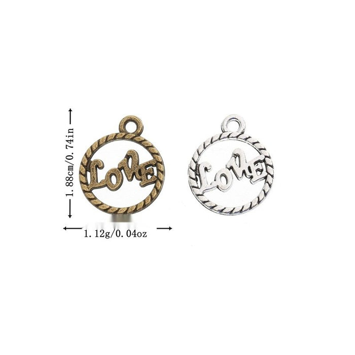 Openwork Love Script Round Charms in Bronze and Silver Tones