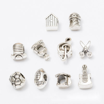 Overview of hobby theme beads in the available designs and finishes