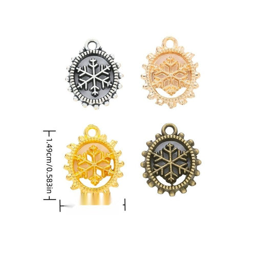 Front-facing arrangement of round framed snowflake charms on a white background