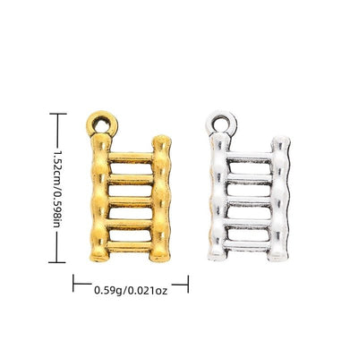 Mini Ladder metal piece shown in Antique Gold, Antique Silver beside printed specifications