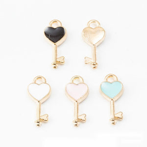 Heart-Top Key Charms in Enamel and Gold-Tone Alloy, 16 mm Pendants