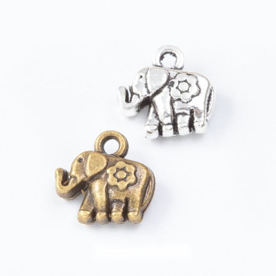 Grouped front view of floral elephant charms in the available finishes