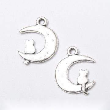 Cat Crescent Moon Metal Charm for Jewelry Making in Antique Silver