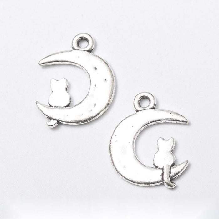 Cat Crescent Moon Metal Charm for Jewelry Making in Antique Silver