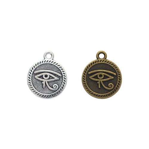 Grouped front views of the eye of horus round charm in available finishes