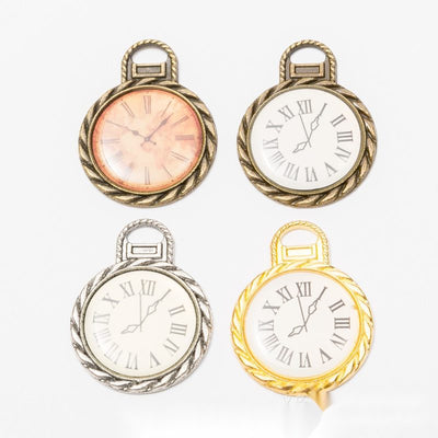 Product photo 1 of the roman numeral clock charm highlighting its round clock face with Roman numerals and twisted borde