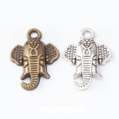 Grouped front view of detailed elephant head charms in the available finishes