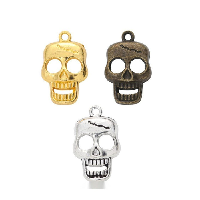 Smiling Skull Metal Charm in Gold Bronze and Antique Silver