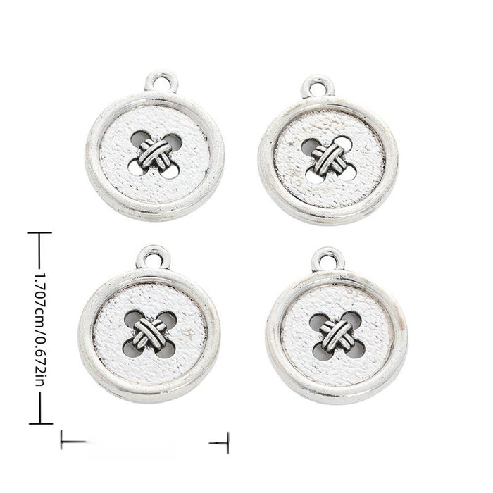 Antique Silver Round Four Hole Button Pendant Charm