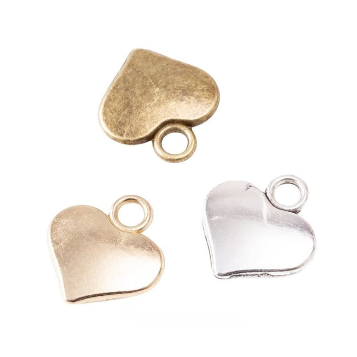 Small Smooth Heart Charm In Antique Bronze, Antique Silver and Light Gold Metal Finish