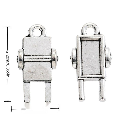 Front-facing arrangement of robot charms on a white background