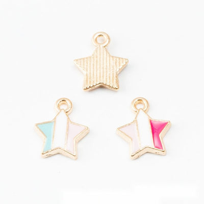 Group view of a white enamel star has a contrasting blue or pink color block