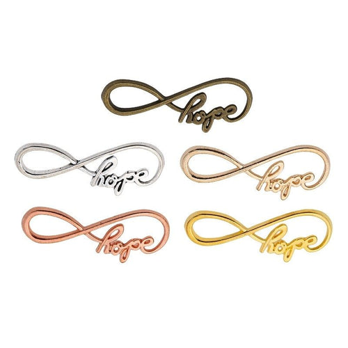 infinity hope word connector shown from the front in the available metallic finishes