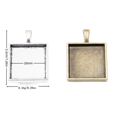 Grouped front view of square cabochon pendant settings in the available finishes