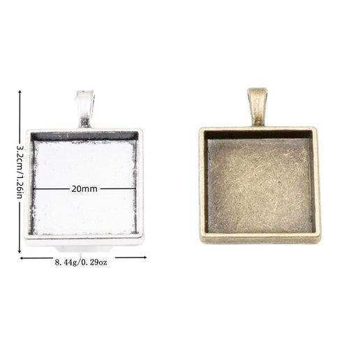Grouped front view of square cabochon pendant settings in the available finishes