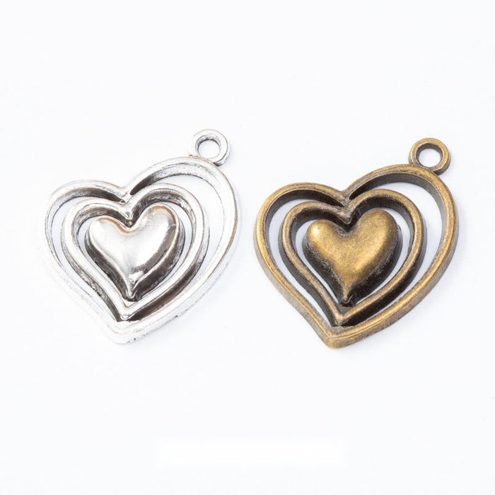 Layered Open Heart Metal Charm in Two Antique Finishes