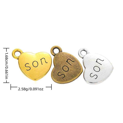 Son Engraved Heart metal piece shown in Antique Bronze, Antique Gold, Antique Silver beside printed specifications