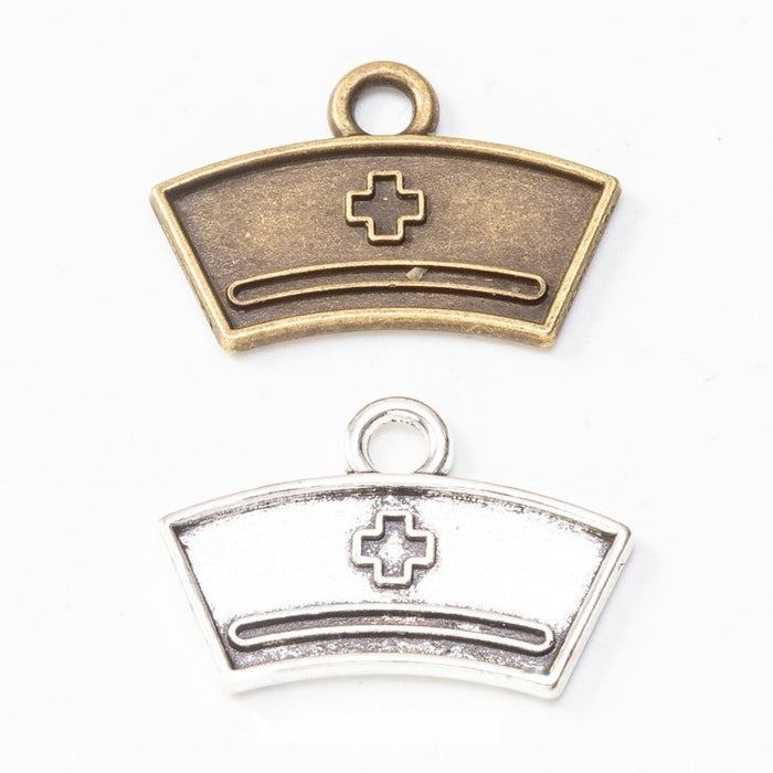 Antique Nurse Cap With Cross Metal Charm, Two Finishes