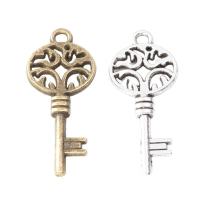 Overview of ornate key charms in the available designs and finishes