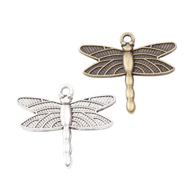 Horizontal dragonfly with long etched wings shown in the available finishes