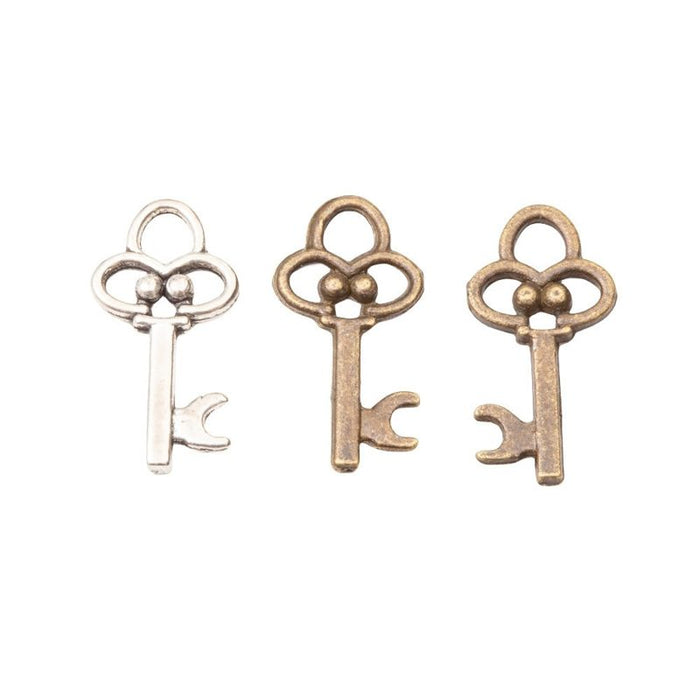Small Flower Top Key Charm In Antique Bronze and Antique Silver Metal Finish