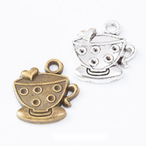 Zinc Alloy Smiling Teacup Charm with Heart, Two Antique Finishes