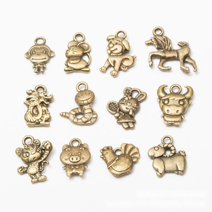Chinese Zodiac Animal Metal Charms in Antique Bronze and Silver