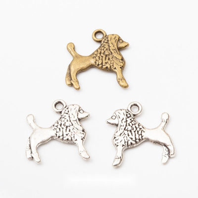 Group view of a standing poodle silhouette has a textured coat and top hanging loop