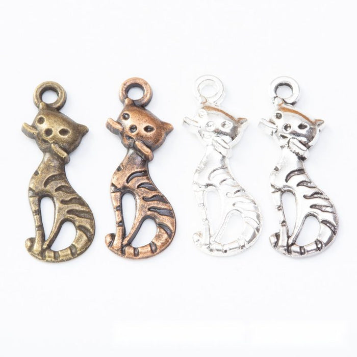 Striped Sitting Cat Metal Charm in Four Metallic Finishes