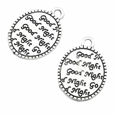 Good Night Repeating Text Round Pendant Charm in Antique shown in front and back product view