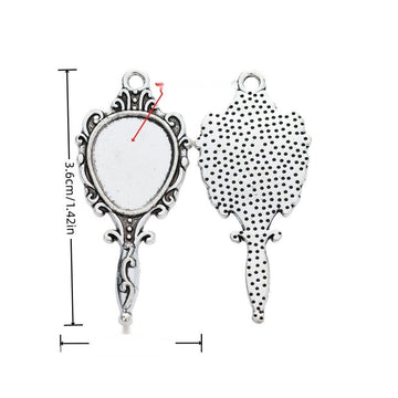 Ornate Hand Mirror Pendant Tray in Antique Silver for Jewelry Making
