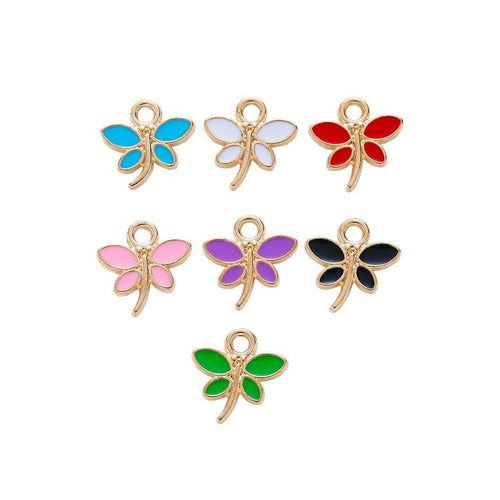 Group view of enamel dragonfly charm showing all 7 pictured finish variants
