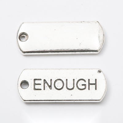 ENOUGH Engraved Rectangular Tag Pendant Charm in Antique shown in front and back product view