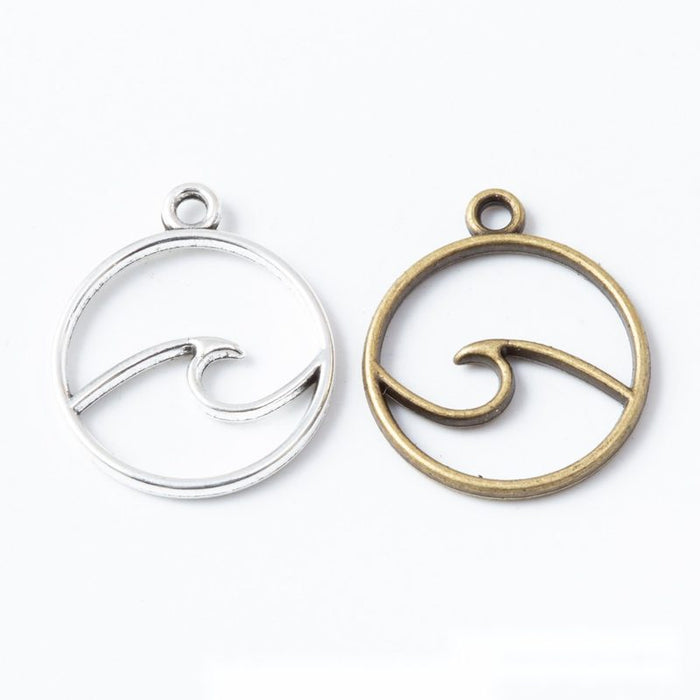 Round Ocean Wave Outline Metal Charm in Two Antique Finishes