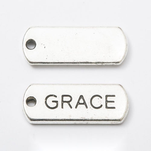 grace rectangular message tag charm shown from the front in the available metallic finishes