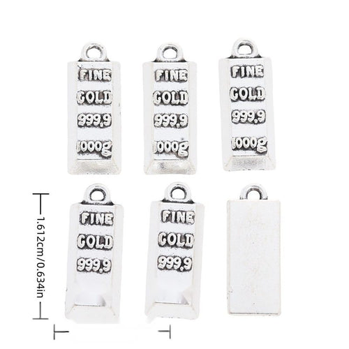 Front and reverse views of gold bar charms with measurement and weight guides