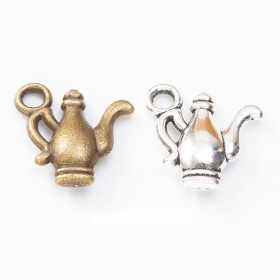 Overview of two handle teapot charms in the available designs and finishes