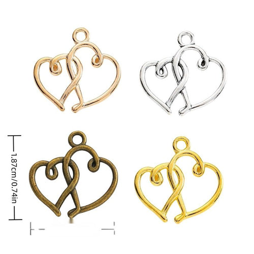 Grouped front view of the interlocking double heart metal charm in all pictured styles