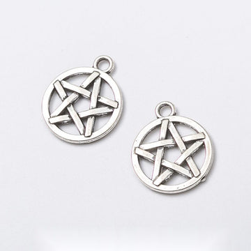 Round Framed Pentagram Metal Charm for Jewelry Making in Antique Silver