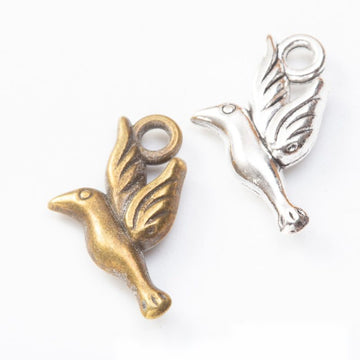 Bird and Leaf Pendant Charm in Two Antique Metal Finishes