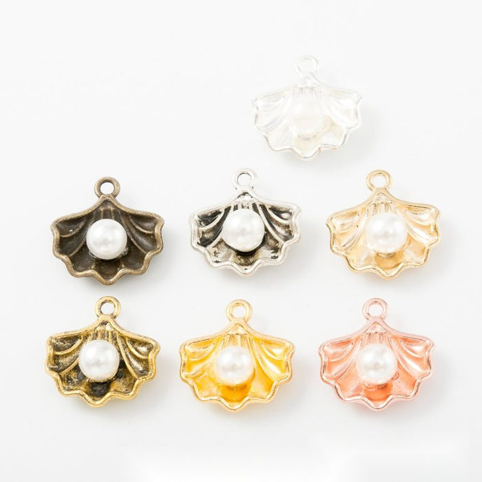 Shell and White Faux Pearl Metal Charm in Seven Finishes